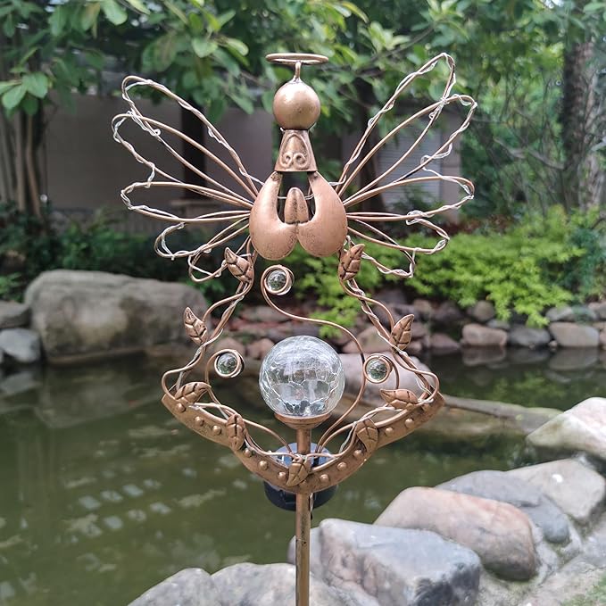 Solar Angel Outdoor Lights Garden Stake - Metal Angel Crackle Glass Ball Solar Light- Waterproof 31 White LED for Garden Lawn Patio or Courtyard Decor（Bronze）