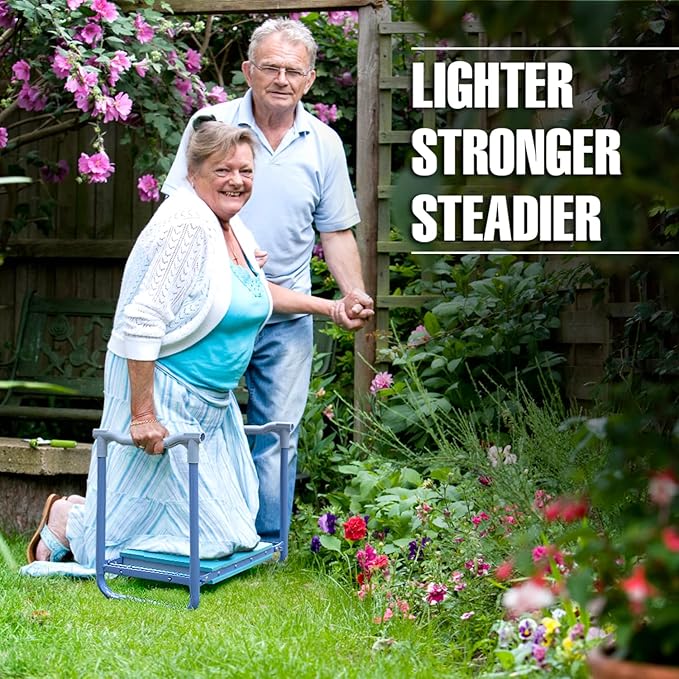 Jardineer Folding Garden Kneeler and Seat, 10 Inch Wider Kneeling Bench Stool, Portable Gardening Workseats with Tool Bag and Padded Cushion, Garden Gift for Women Seniors(Blue)