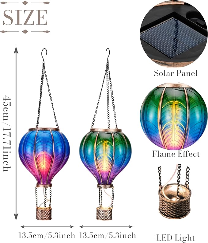 TERESA'S COLLECTIONS 2 Pack Hanging Solar Lantern Outdoor Garden Decor for Valentine ,Waterproof Plastic Hot Air Balloon Green Flickering Flame Effect Lantern for Yard Tree ,18"