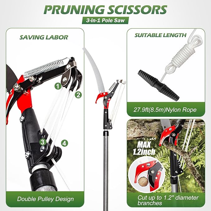 Walensee Pole Saws for Tree Trimming,7.2-27FT Extendable Tree Pruner,Manual Branch Timmer with Blade and Scissors High Branches Pruning Fiberglass Pole Pruner and Cutter Garden Tool with Storage Bag