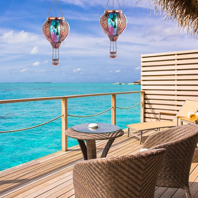 Hot Air Balloon Solar Lantern Hummingbird Lights, Flickering Flame Solar Hanging Lights for Outside,Waterproof for Garden Yard Patio Porch Decoration（Hummingbird）