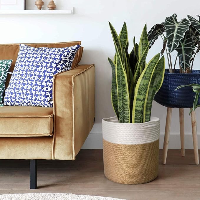 TIMEYARD Jute Rope Plant Basket Large Modern Woven Basket for 11'' Flower Pot Floor Indoor Planters, 12.5''x12.5'' Storage Basket Rustic Home Decor White and Jute