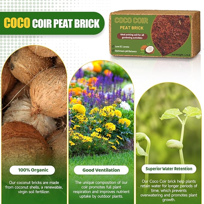 Coco Coir Bricks for Plants 1.4LB, All Natural Organic Compressed Coconut Coir Fiber, Easy to Expand, Low EC, pH Balanced, Ideal for Vegetables, Herbs, Flowering Plants (1 Pcs)