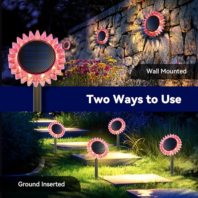 Outdoor Solar Lights, 2 Pack Led Solar Sunflower Lights, Stake/Wall 2-in-1 Waterproof Solar Garden Lights for Yard, Landscape, Fence, Patio, Driveway, Pathway, Backyard Decoration (Warm White)