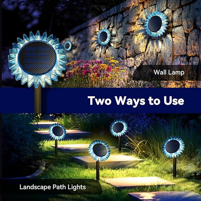 Outdoor Solar Lights, 4 Pack Led Solar Sunflower Lights, Stake/Wall 2-in-1 Waterproof Solar Garden Lights for Yard, Landscape, Fence, Patio, Driveway, Pathway, Backyard Decoration (Warm White)