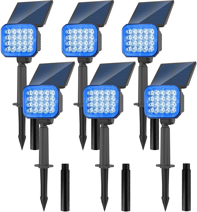Solar Spot Lights Outdoor, Blue Solar Lights Outdoor Waterproof IP65, Adjustable Panel Solar Landscape Spotlights for Tree Yard Halloween Christmas Landscape Decor, 6 Pack