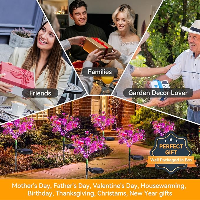 Neporal Solar Garden Lights, 4PK Purple Phalaenopsis Solar Flowers Outdoor Waterproof, Solar Lights Outdoor Decorative for Garden, Yard Decor,