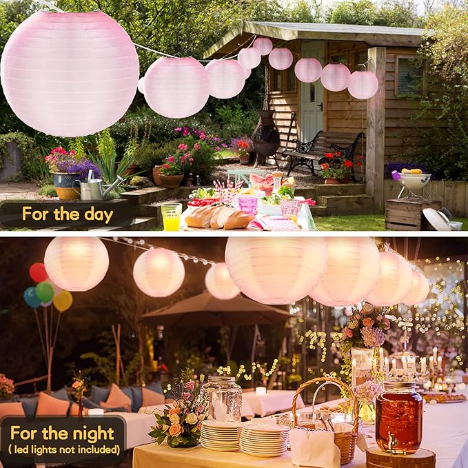 KNONEW 10 Pack Outdoor Silk Lanterns Decorative, 10inch Waterprooof Outside Indoor Chinese Hanging Round Lanterns for Weddings, Birthdays, Parties Decoration (Pink)