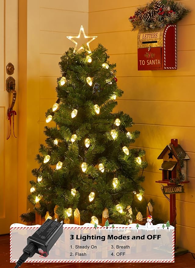 C9 LED Christmas Lights Outdoor, 45 Ft C9 String Lights with 40 Shatterproof LED Bulbs, 3 Light Mode, Connectable Waterproof Christmas Tree Lights for Outside Indoor Holiday Garden Decor, Warm White