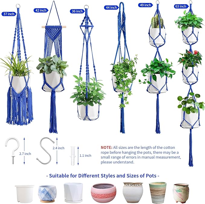 Macrame Plant Hangers, 6Pack Hanging Planters for Indoor Plants w/ 6 Set Hangers Kit Handmade Macromay Plant Hangers Indoor Flower Pots Holder Stand for Boho Home Décor (POTS NOT Included)