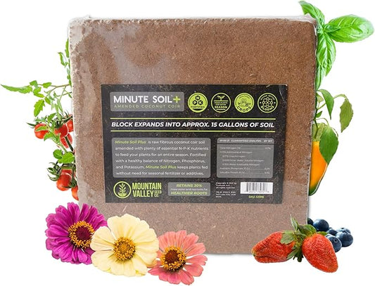 Minute Soil Plus Block - Amended Compressed Coco Coir Fiber Grow Medium - 1 Block = 15 Gallons of Potting Soil (~Wheel Barrow Full) - Enough NPK Added Nutrients to Feed Plants for 1 Season