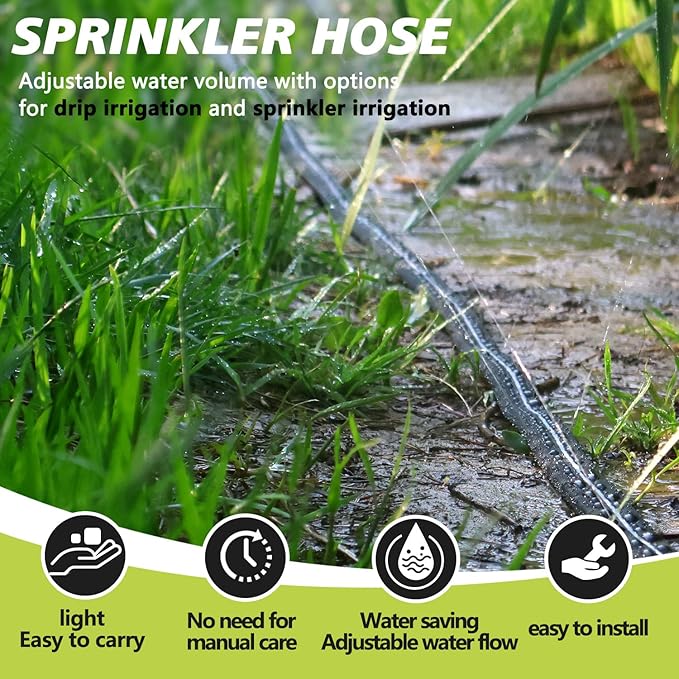 Sprinkler Hose with Holes, Flat Soaker Hose 50 ft (25 ft 2pack) with Garden Staples and Splitters, PVC Drip Line Irrigation Hoses for Lawn,Garden Beds Watering Hose (50 ft)