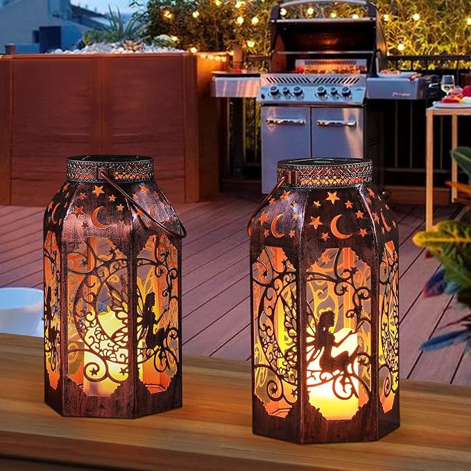 Solar Lanterns Outdoor Garden Hanging Lantern Waterproof LED Metal Bronze Moon Fairy Lantern Waterproof Flickering Flameless Candle Mission Lights for Table,Patio,Mother's Day Gift(2Pack)