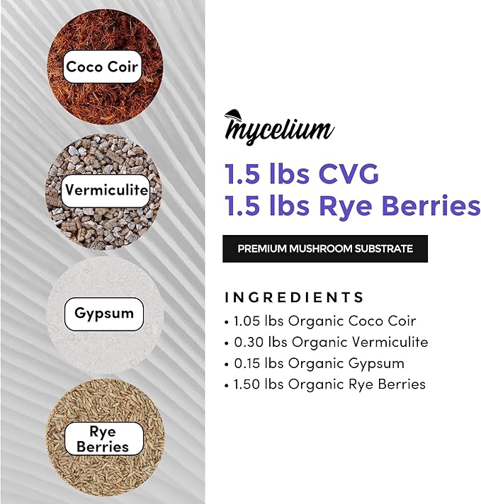Mycelium's Superior Dung-Loving Mushroom Substrate & Rye Berries Grain 3 LB All-in-One Bag – Organic Coco Coir, Vermiculite & Gypsum Formula, Pre-Sterilized & Ready for Easy Home Cultivation
