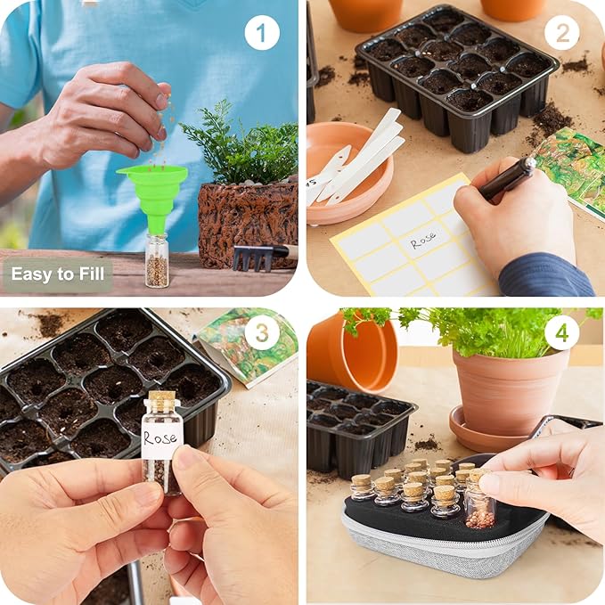 【18 Slots】 Seed Storage Organizer, Sturdy Seed Organizer Storage Box with Dual Zipper Bag and 21Pcs Label Stickers, Glass Seed Storage Container for Flower Vegetable Plants Garden Seeds Saving