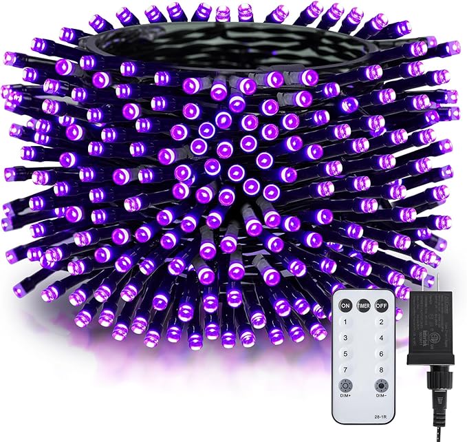 Minetom 196FT Purple Halloween Lights, 600 LED Halloween Fairy String Lights with 8 Modes Remote, Waterproof Plug in Purple Hanging Twinkle Lights for Party Garden Bedroom Halloween Decorations