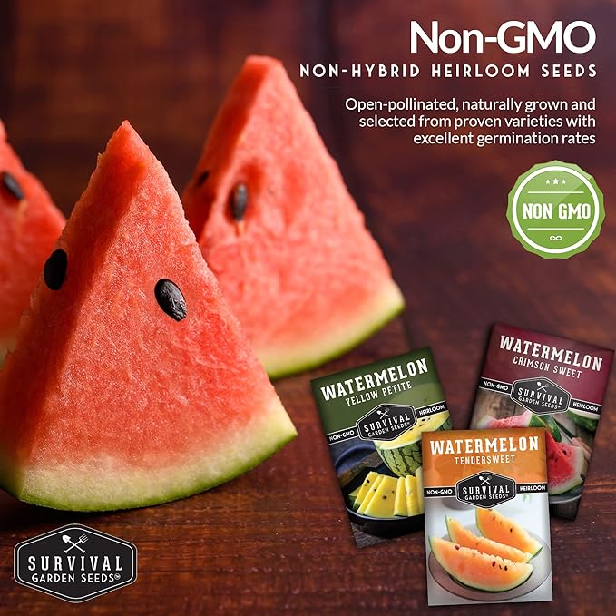Survival Garden Seeds Tri-Color Watermelon Collection - 3 Packs of Fruit Seeds for Growing Watermelons - Yellow Petite, Crimson Sweet (Red) & Tendersweet Orange Varieties - Non-GMO Heirloom Mix
