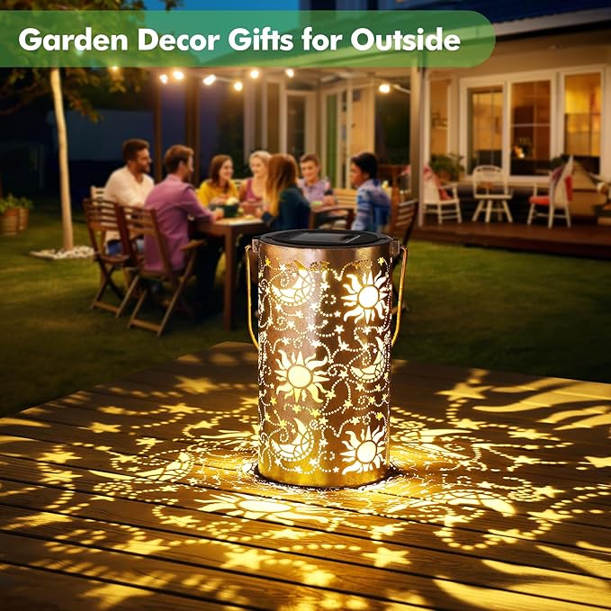 Fabuday Sun Moon Outdoor Solar Lantern Waterproof - Hanging Solar Power Lights Led for Outside, Garden Decor for Patio, Porch, Balcony, Yard and Deck, Stars Decorations Gifts for Women Mom