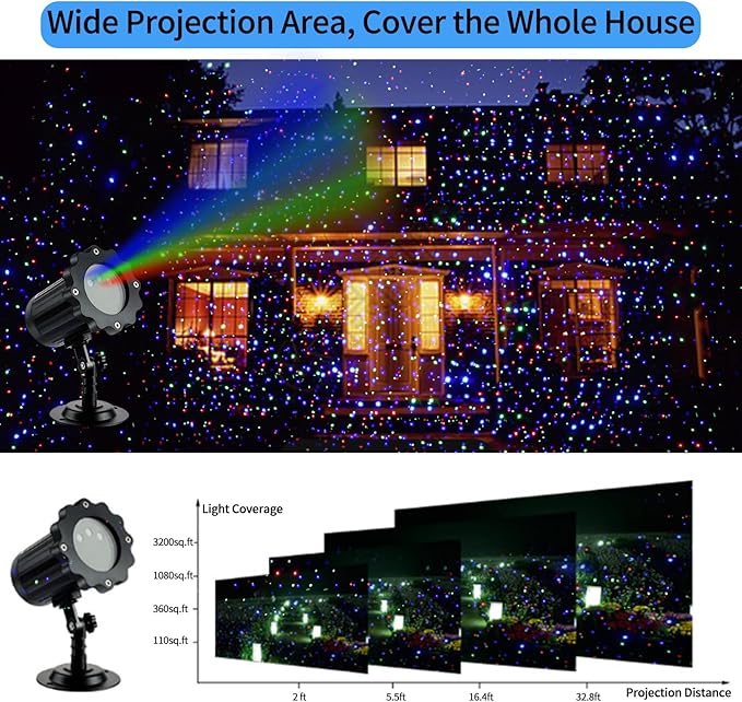 Christmas Laser Projector Light, Wide Coverage RGB Holiday Laser Light Projector Outdoor, Waterproof Laser Star Projector with Remote and Timer for Xmas, Party, Garden, House Decoration
