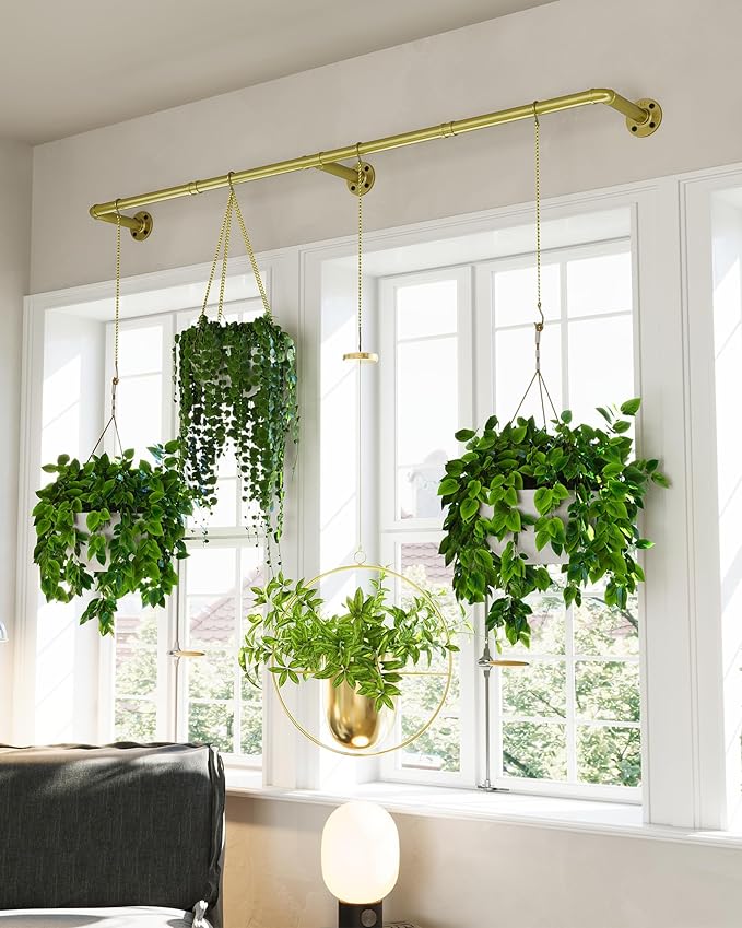 Plant Hanger Indoor, Hanging Planters for Indoor Plants with 6 Hanging Chains, Wall Plant Hanging Rod for Window Ceiling, 65 Inch, Metal/Golden…