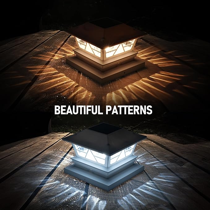 TW SHINE 4 Pack Solar Outdoor Fence Post Lights, 2 Modes Post Cap Lights Waterproof Warm White/Cool White for Yard, Garden, Porch, Patio Decor, for 4x4 5x5 6x6 Wood Posts, White