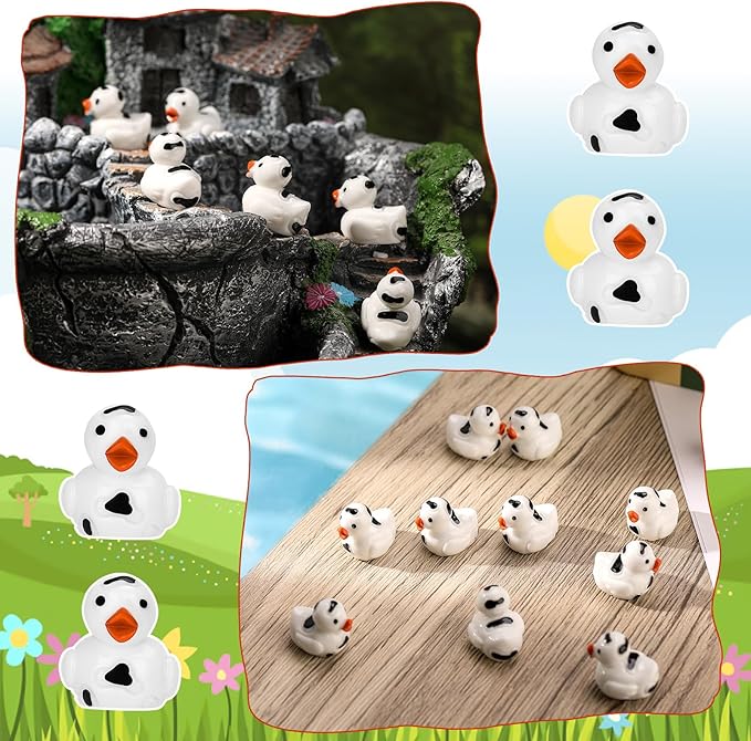 50 Pcs Mini Resin Ducks, Cute Tiny Cow Ducks, Mini Cow Resin Duck Bulk, Fun Cow Print Duck Miniature Duck Figurines, Cow Theme Mini Black White Cow Resin Ducks for Micro Landscape Dollhouse