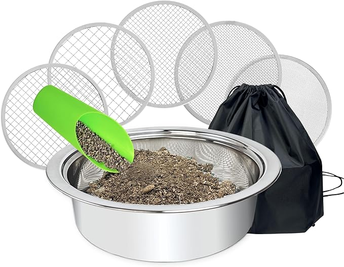 Soil Sifter for Gardening, Stainless Steel Sifting Pan Dirt Sifter, 9.5in Rock Sifter with 5 Sieve Mesh Filter Sizes(0.04",0.12",0.2",0.35",0.47")