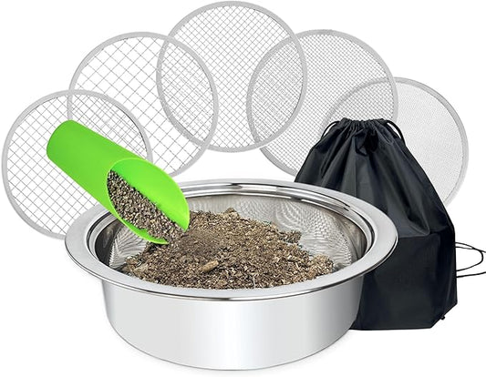 Soil Sifter for Gardening, Stainless Steel Sifting Pan Dirt Sifter, 9.5in Rock Sifter with 5 Sieve Mesh Filter Sizes(0.04",0.12",0.2",0.35",0.47")