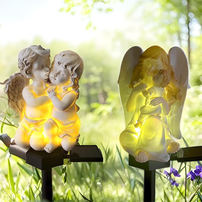 QH & Garden 2-Pack Angel Solar Garden Light - LED Waterproof Lights Mother's Day Gift,Solar Powered Garden Stake Lights for Balcony, Yard, Lawn, Pathway, Walkway-Angel Statues Grave Decorations