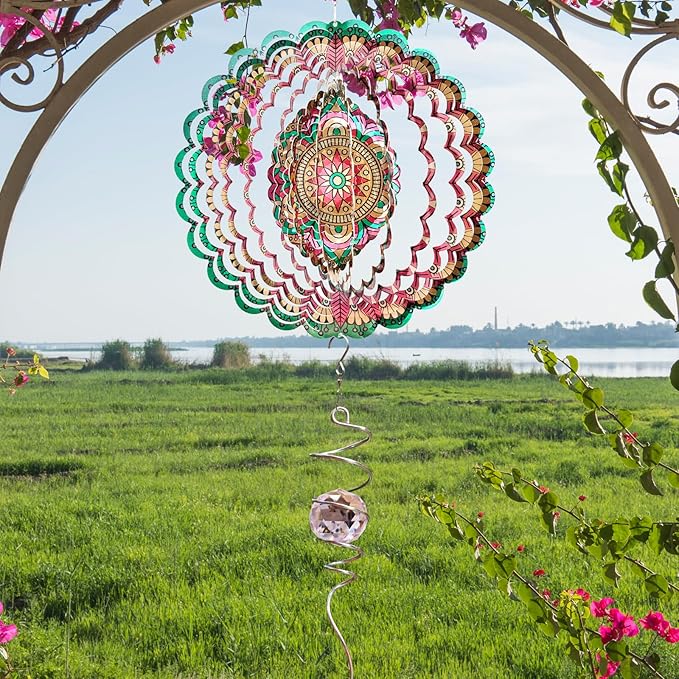 Wind Spinner Mandala Manjusaka Laser Cut Stainless Steel Wind Spinners for Yard and Garden Decoration 3D Kinetic Metal Art Ornament Hanging Wind Sculptures Outdoor Decor Creative Gifts Ideas