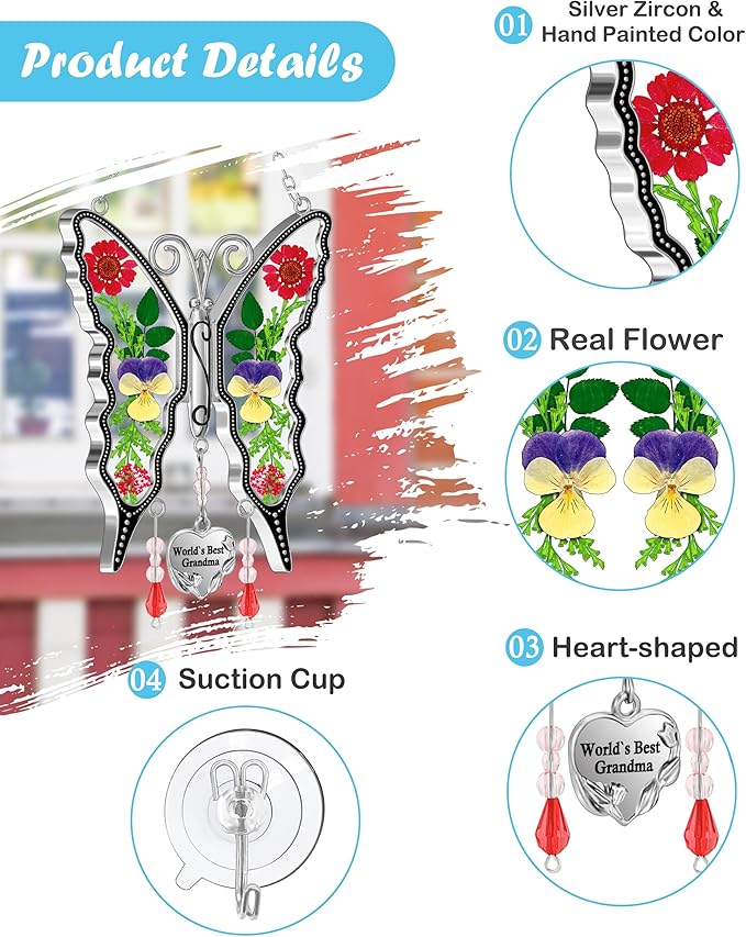 KY&BOSAM New Butterfly Suncatcher Stain Glass World`s Best Grandma Butterfly Suncatcher Hanging for Window Wind Chime Gifts for Grandma Mother`s Day Valentine's Birthday Christmas Thanksgiving
