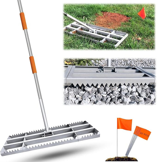 Lawn Leveling Rake, 30in | Double Side can Switch, with 20pc Marking Flags to Mark Low Spot, Stainless + Powder-Coat, FLAT Level Soil/Dirt/Compost on Lawn, SERRATED Rake Dead Grass/Ruts/Gravel on Yard