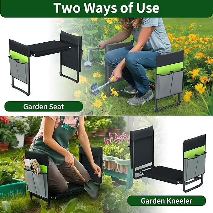 Garden Kneeler and Seat 2-in-1 Foldable Gardening Stool with EVA Foam Kneeling Pad Heavy Duty Garden Kneeling Bench with 2 Tool Pouches Great Gardening Gifts for Women and Men Seniors(Green)