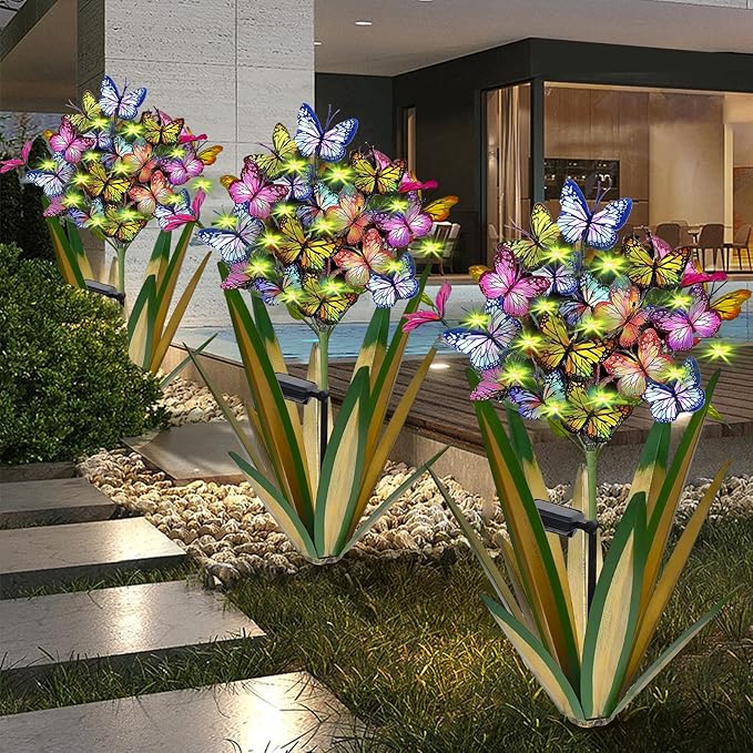 Solar Metal Agave Butterfly Flower Stick Garden Sculpture - Outdoor Gift, Christmas Lights, Swaying Butterfly, Sunflower - Solar Outdoor Statues (3 PCS Light Green)