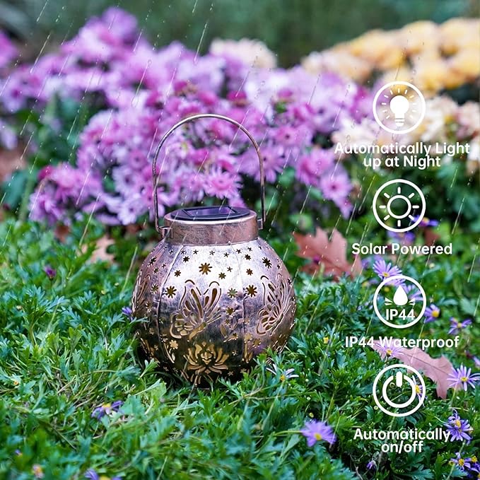 2 Pack Outdoor Solar Hanging Lantern Lights Metal LED Decorative Lamp for Garden Patio Porch Lawn and Table.Unique Gifts for Women Gardening. (Bronze Butterfly)