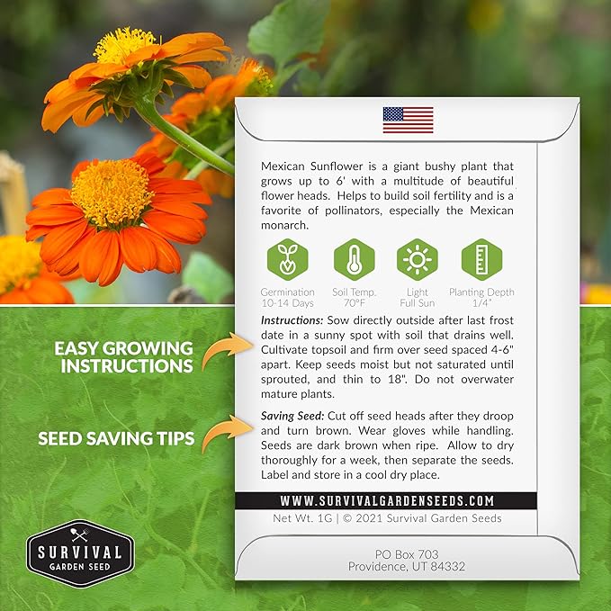 Survival Garden Seeds - Mexican Sunflower Seed for Planting - Packet with Instructions to Plant and Grow Tithonia Rotundifolia in Your Home Vegetable or Flower Garden - Non-GMO Heirloom Variety