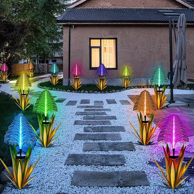 Metal Outdoor Decoration Gift Christmas Decorations Outdoor Metal Agave Yard Art Garden Lights Solar Outdoor, 7 Color Changing Garden Yard Pathway Xmas Decor Waterproof(2 pcs Light Green)