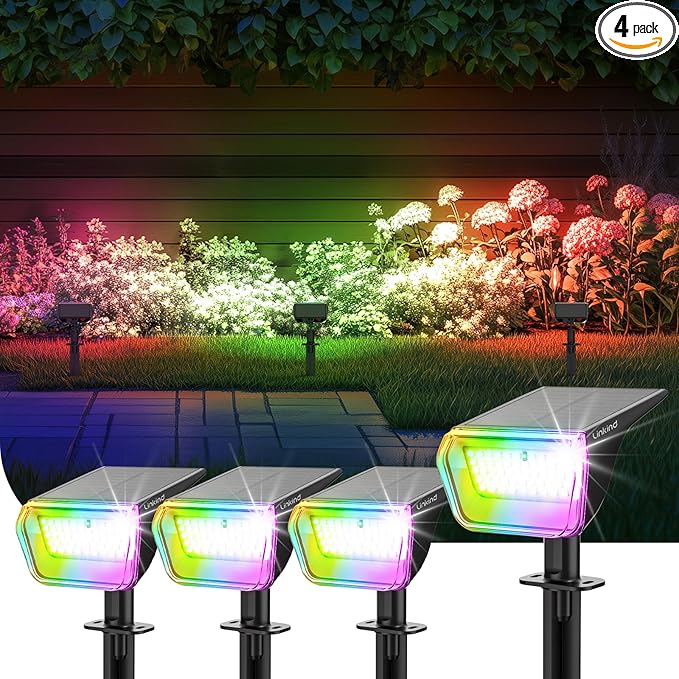 Linkind Solar Lights Outdoor, 50 LEDs Color Changing Spotlights, Solar RGB Light with 10 Lighting Modes and IP67 Waterproof, Multicolor Outdoor Lighting for Yard, Garden, Landscape Decorations, 4Pack