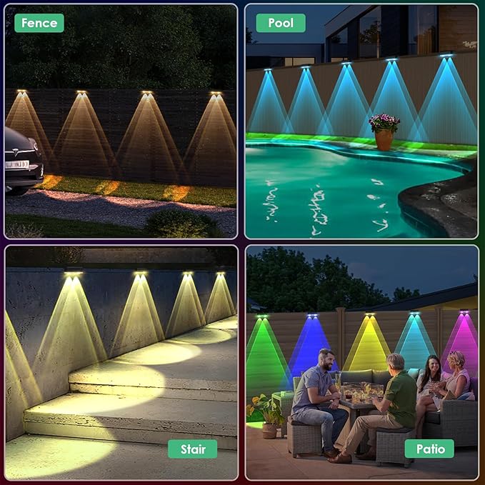 Derynome Solar Fence Lights Outdoor - Dusk to Dawn IP45 Waterproof Solar Garden Lights for Outside, Step, Backyard, Railing, Step, Patio & Wall (Color Change+7 Color, 8 Pack)