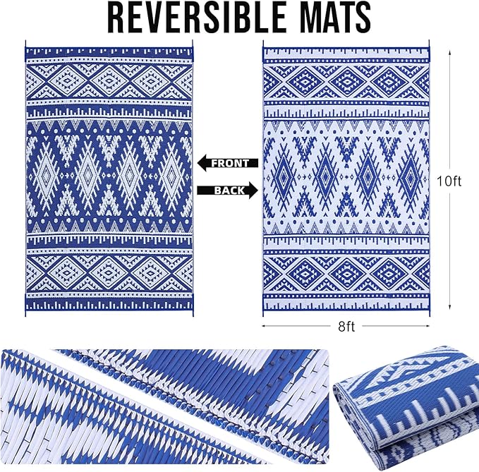 OLANLY Outdoor Rug Waterproof 8x10 ft, Reversible Outdoor Plastic Straw Rug, Boho Patio Rug, Indoor Outdoor Carpet, RV Mat Outside for Patio, Camp, Picnic, Balcony, Deck, Backyard, Blue & White