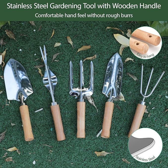 Garden Tool Set, 10 Piece Gardening Kit with Heavy Duty Folding Stool, Gardening Tools with Detachable Storage Tote Bag, Stainless Steel Garden Tools, Gardening Gifts for Women Men Green