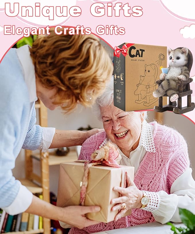 Solar Cat Statue Garden Decor: Outdoor Indoor Figurine for Clearance Outside Lawn Porch Desktop Accessories - Gifts for Mom Women