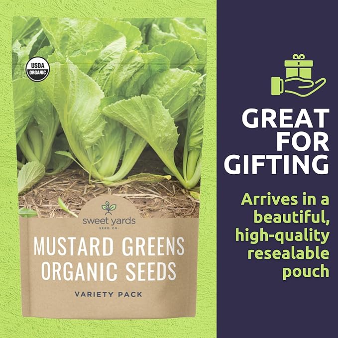 Organic Mustard Green Seeds Variety Pack - 5 Individual Packs - 2025 Season - Mizuna, Pizzo, Bekana, Red Giant and Green Wave! for Indoor & Outdoor Planting (Non-GMO, Certified Organic)