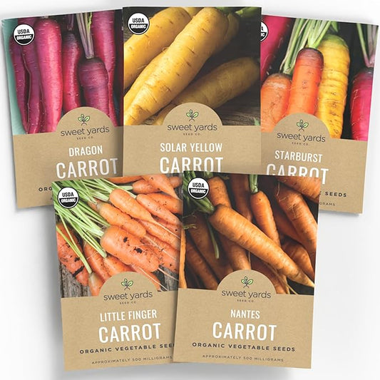 Organic Carrot Seeds Variety Pack - 5 Individual Packs - 2025 Season - Nantes, Little Finger, Dragon, Solar Yellow and More! for Indoor & Outdoor Planting (Non-GMO, Certified Organic)