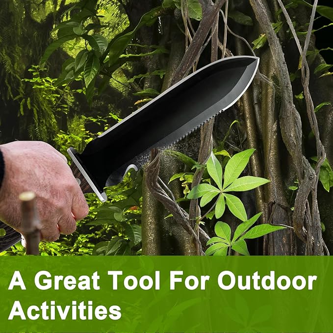 Hori Hori Garden Knife + Oxford Sheath, Gardening Hand Tool Weeding Knife for Weeding Planting Digging, Inch Markings, Serrated Edge Blade, Guard Plate, Metal Rivet Wooden Handle, Hanging Hole