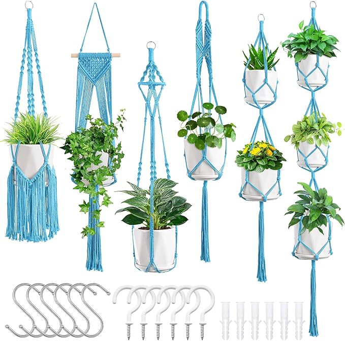 Macrame Plant Hangers, 6Pack Hanging Planters for Indoor Plants w/ 6 Set Hangers Kit Handmade Macromay Plant Hangers Indoor Flower Pots Holder Stand for Boho Home Décor (POTS NOT Included)