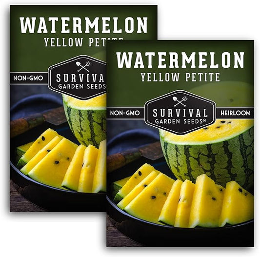 Survival Garden Seeds - Yellow Petite Watermelon Seed for Planting - 2 Packs with Instructions to Plant and Grow Small Yellow Watermelons in Your Home Vegetable Garden - Non-GMO Heirloom Variety