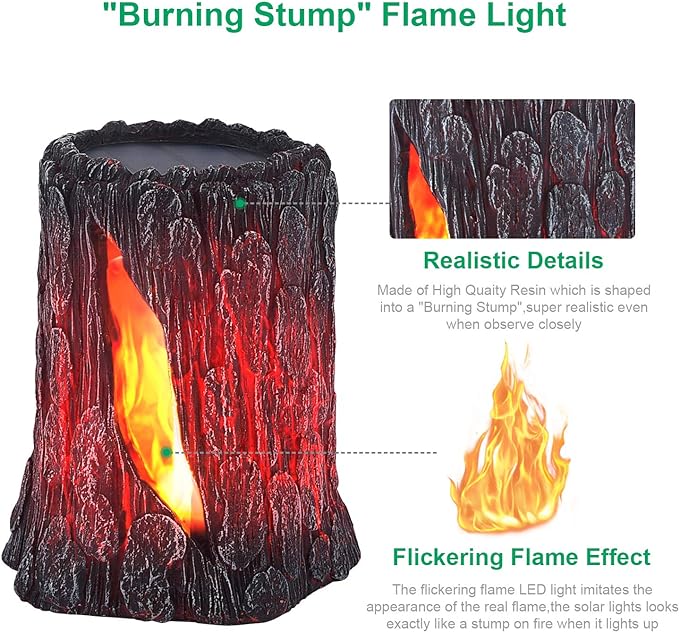 TONULAX Solar Lights Outdoor - Stump On Fire Torch, Flickering Flame Lantern, Solar Powered Landscape Decoration for Garden, Patio, Pathway, Deck & Yard Decor (2 Pack), Resin, Copper