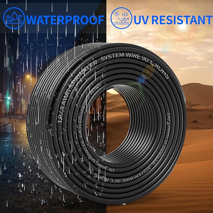18/3 Solid Sprinkler System Wire 50ft, 18 Gauge Irrigation Wires PVC Jacket Sprinkler Cable for Underground Irrigation Valves Field Central Control System
