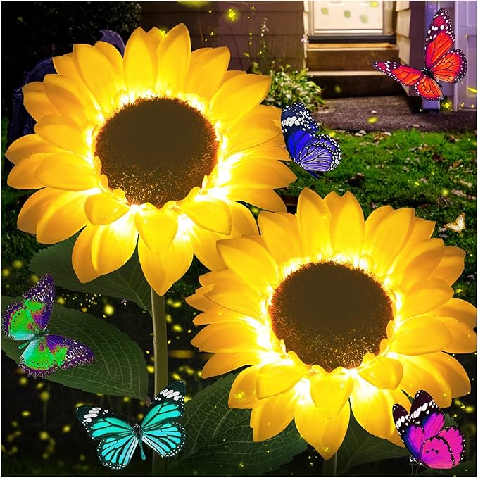 TYNLED Sunflower Solar Garden Lights, 2 Pack Outdoor Solar Powered Garden Stake Lights Waterproof Decoration Flower Landscape Lights for Garden Patio Pathway Backyard
